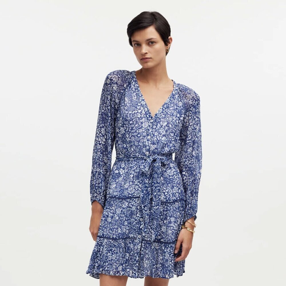Madewell NWT Tie-Waist Tiered Mini Dress in Floral in Blue Ditsy, size 4